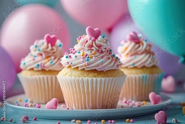 Obraz Three vanilla cupcakes with pink swirled frosting, colorful sprinkles and small pink heart toppers on a plate with pastel balloons in soft-focus background, festive joyful mood