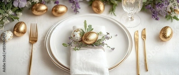 Obraz Elegant spring table setting with white plates, linen napkin tied with twine, speckled gold and white decorative eggs, lavender sprigs and gold flatware conveying a serene festive mood