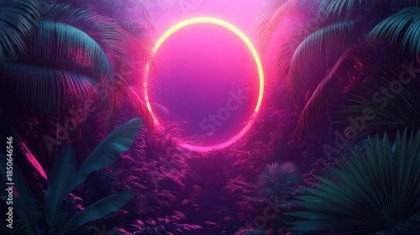 Obraz Glowing neon circular portal hovering in a dense tropical jungle with palm leaves and magenta teal light, misty mysterious and dreamy futuristic atmosphere