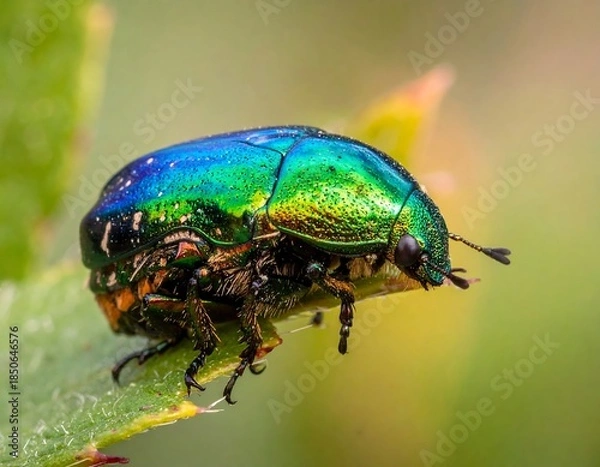 Obraz Vibrant iridescent beetle on leaf