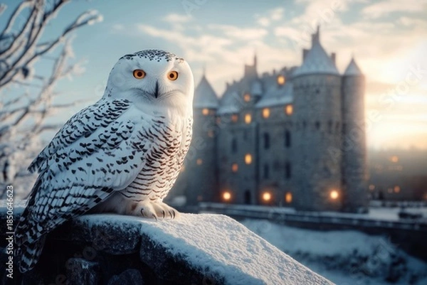 Obraz Snowy owl with bright orange eyes perched on a snow-covered stone wall at winter twilight, historic castle with warm glowing windows in the misty background, serene and majestic mood