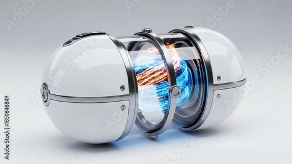 Obraz Futuristic White Spherical Fusion Reactor with Glowing Plasma Core - 3D Stock Illustration