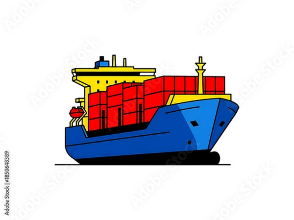 Obraz 青い船と赤いコンテナの輸送風景