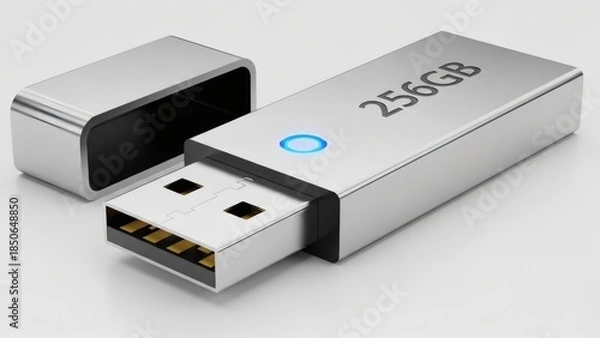 Obraz Silver Metallic USB Flash Drive 256GB with Protective Cap - 3D Render Stock Image
