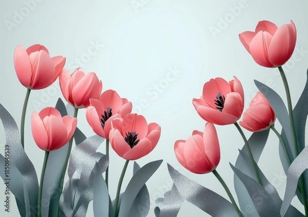 Fototapeta Delicate pink tulips with dark centers and silver textured leaves on a pale gradient background, serene and elegant