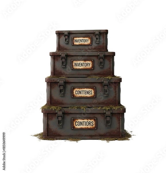 Obraz 古い金属製箱が積み重ねられ、静かに置かれる