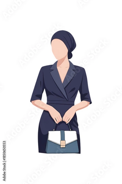 Obraz エレガントな女性のシルエット, 青い服装, バッグ