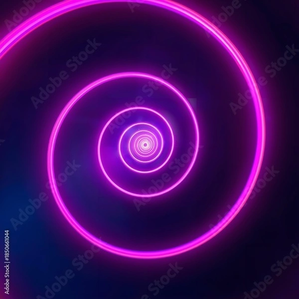Fototapeta Vibrant neon pink concentric circles on dark background, glowing light installation, abstract futuristic design, technology and innovation concept