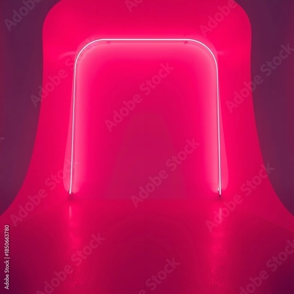 Fototapeta Vibrant pink neon chair with glowing light, modern design and futuristic style in a dark room