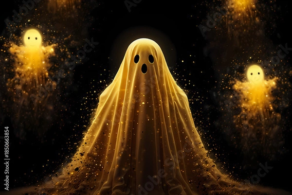 Obraz Yellow ghost glowing dust particles in dark Background 