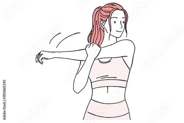 Obraz 腕を伸ばしてストレッチする女性のシンプル線画イラスト