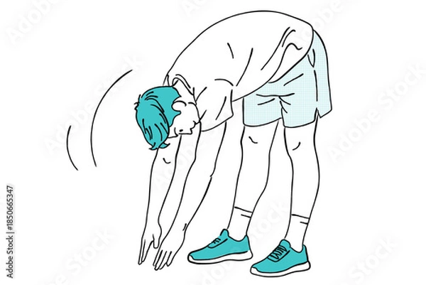 Obraz 前屈して体を伸ばす男性のストレッチ線画イラスト