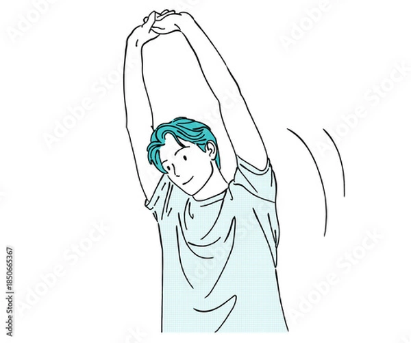 Obraz 両腕を上に体側を伸ばす男性の体側ストレッチ線画イラスト