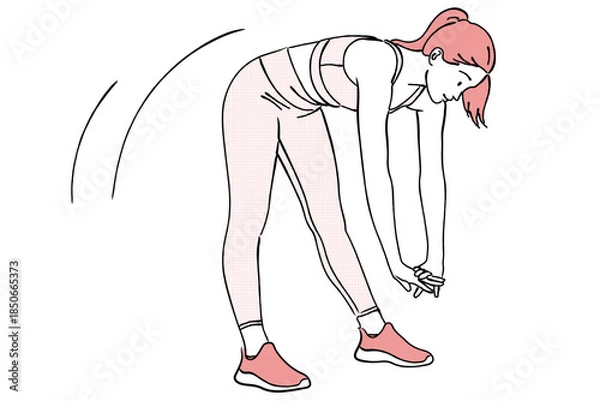 Obraz 前屈して体を伸ばす女性のストレッチ線画イラスト