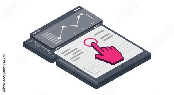 Obraz user interface hand click illustration on digital dashboard ux ui design data analytics screen showing graphs for web app optimization