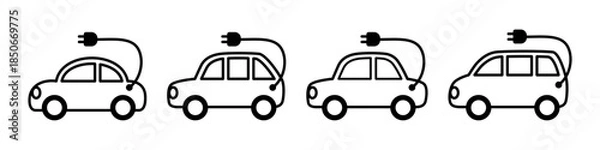 Obraz コンセントが強調されたかわいい横向きの電気自動車のアイコンセット　ベクターイラスト