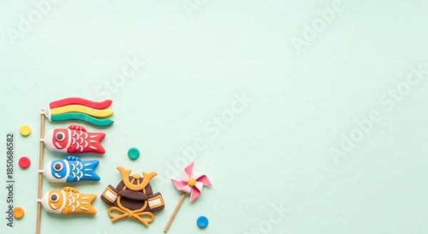 Obraz こどもの日の鯉のぼりと兜のかわいいクレイアート背景