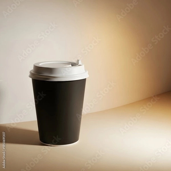 Fototapeta Black disposable coffee cup with white lid on a simple background