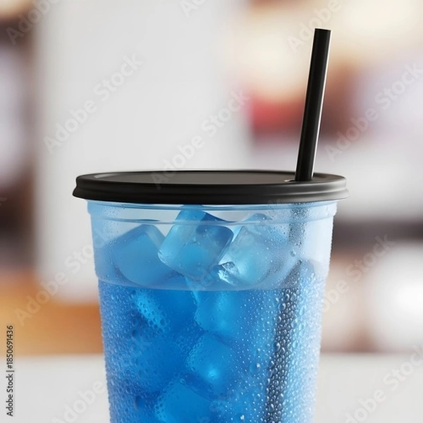 Fototapeta Refreshing blue iced drink in plastic cup with straw