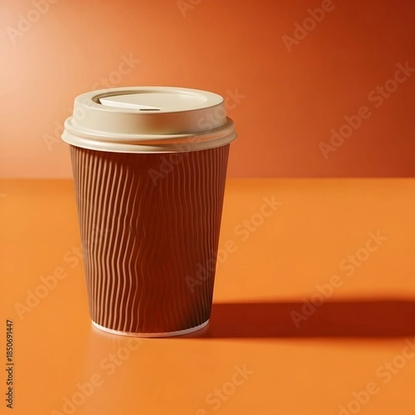Fototapeta Single brown takeaway coffee cup on orange background