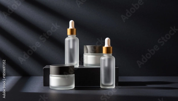 Obraz 暗背景に並ぶ美容液とクリーム容器　ラグジュアリーなスキンケアイメージ