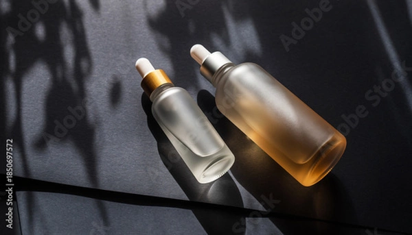 Obraz 暗背景に並ぶ美容液ボトル　高級感のあるスキンケアイメージ