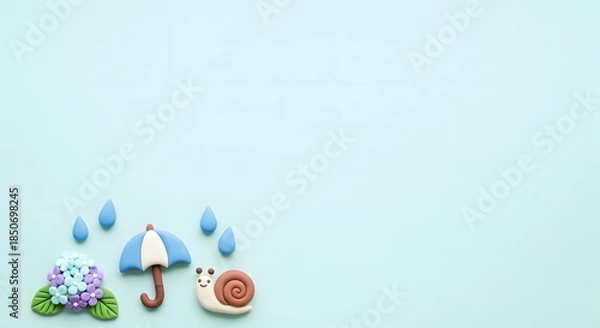 Obraz 梅雨の紫陽花とカタツムリと傘のかわいいクレイアートフレーム背景