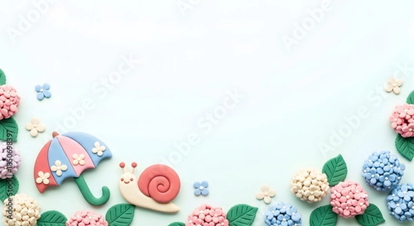 Obraz 梅雨の紫陽花とカタツムリと傘のかわいいクレイアートフレーム背景