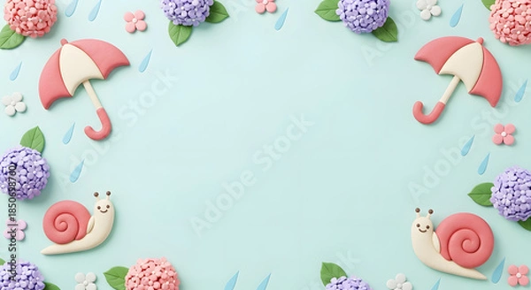 Obraz 梅雨の紫陽花とカタツムリと傘のかわいいクレイアートフレーム背景