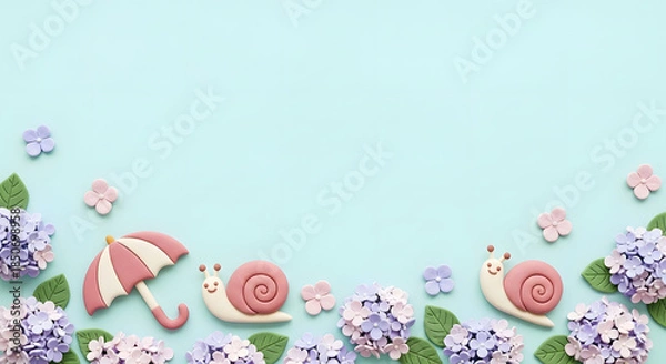 Obraz 梅雨の紫陽花とカタツムリと傘のかわいいクレイアートフレーム背景