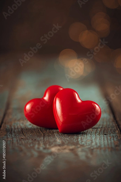 Obraz ぬくもりのある木目と赤いハート二つが印象的なバレンタイン縦背景. 生成AI