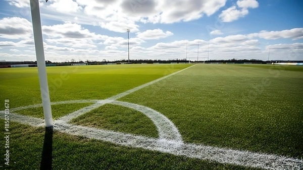 Obraz Empty green soccer field with white lines on a sunny day