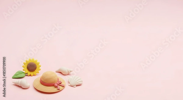 Obraz 夏のひまわりと麦わら帽子と貝殻のクレイアートフレーム背景