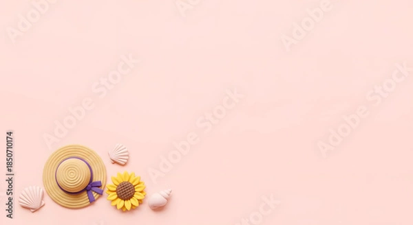 Obraz 夏のひまわりと麦わら帽子と貝殻のクレイアートフレーム背景