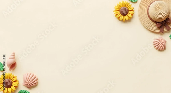 Obraz 夏のひまわりと麦わら帽子と貝殻のクレイアートフレーム背景