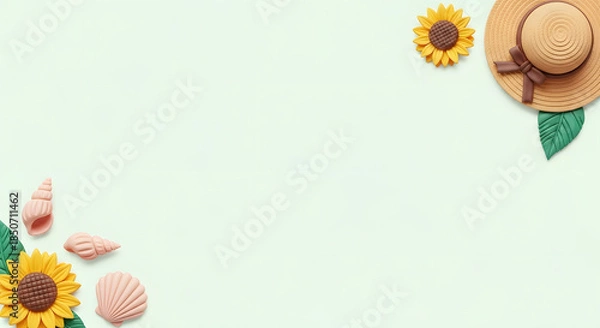 Obraz 夏のひまわりと麦わら帽子と貝殻のクレイアートフレーム背景