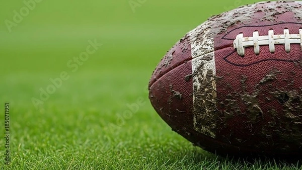 Obraz Muddy American football on green grass field closeup