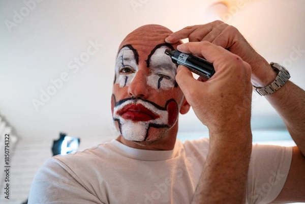 Obraz Man applying clown makeup before performance