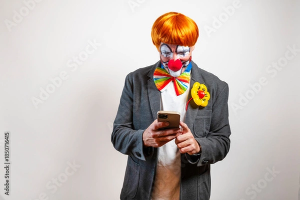 Obraz Sad clown in suit looking at smartphone