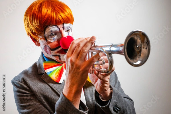 Obraz Sad clown playing trumpet in costume with creative makeup