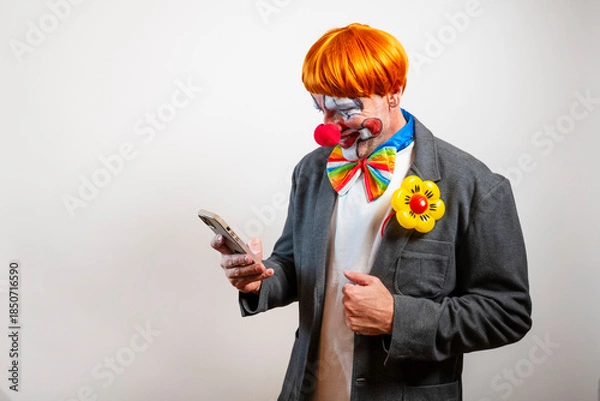 Obraz Clown using smartphone checking social media