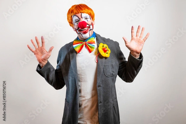 Obraz Cheerful clown wearing costume making funny expression