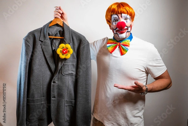 Obraz Clown holding costume jacket preparing for performance