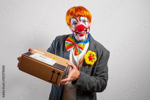 Obraz Clown delivering cardboard package with a funny expression