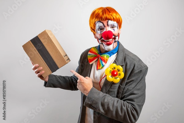 Obraz Clown delivering small brown package pointing