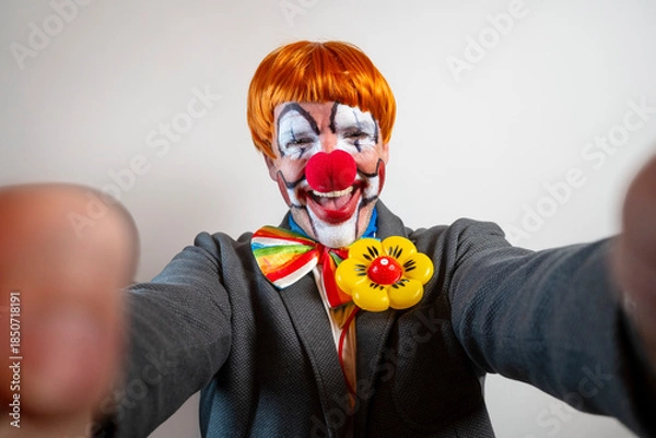 Obraz Clown smiling taking selfie with funny expression