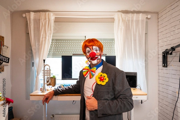 Obraz Clown performer in everyday suit working from home