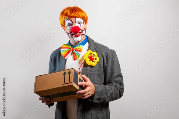 Obraz Clown delivering a surprise package box parcel