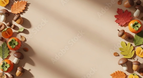 Obraz 秋の紅葉とどんぐりと柿のかわいいクレイアートフレーム背景