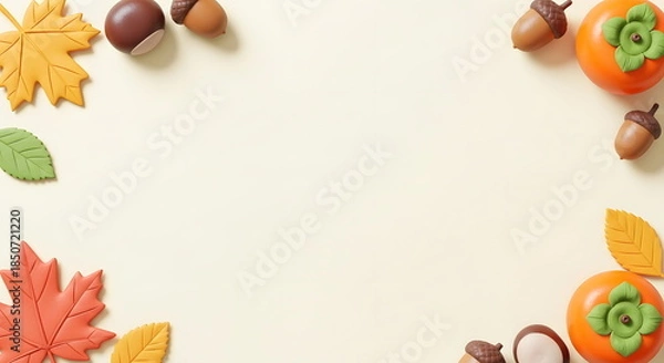 Obraz 秋の紅葉とどんぐりと柿のかわいいクレイアートフレーム背景